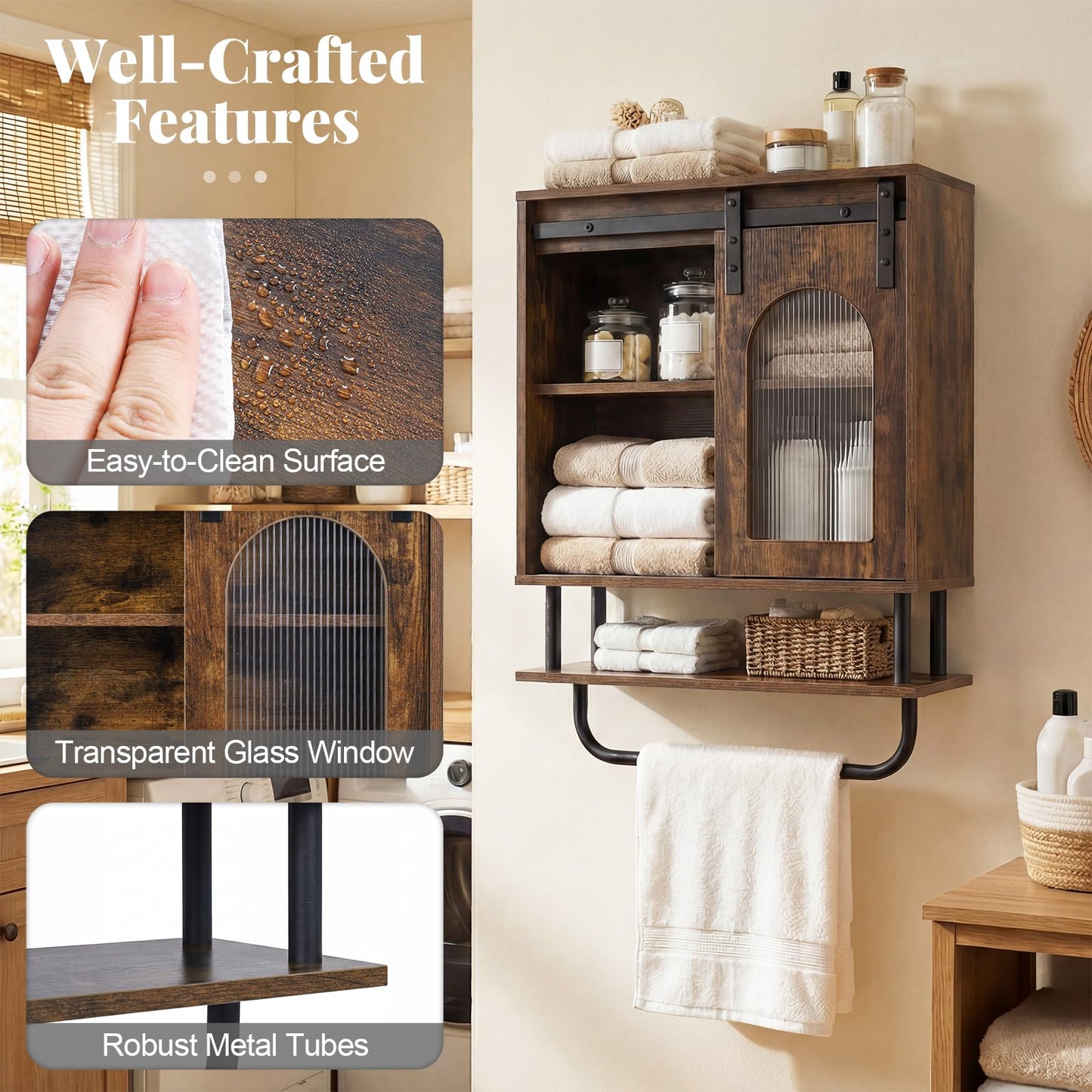 Bathroom Wall Cabinet, Wooden Over-The-Toilet Storage Cupboard with Sliding Barn Door