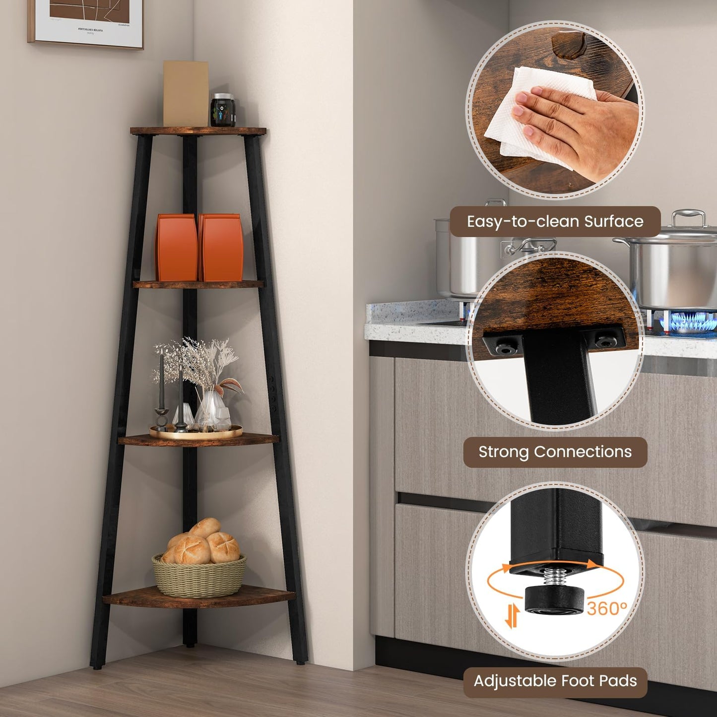 4-Tier Corner Ladder Shelf with Heavy-duty Metal Frame and Anti-toppling Device
