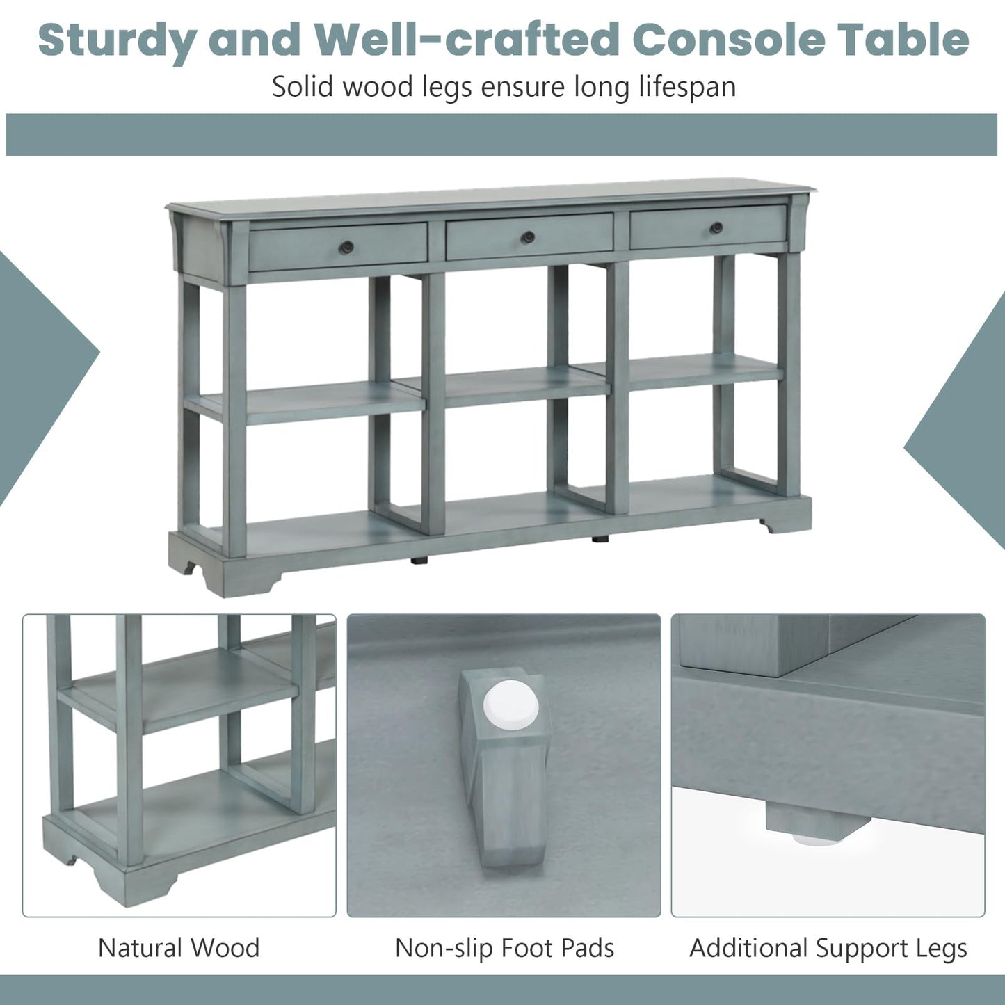 146cm Long Slim Entryway Sofa Table with 3 Drawers & Open Storage Shelves