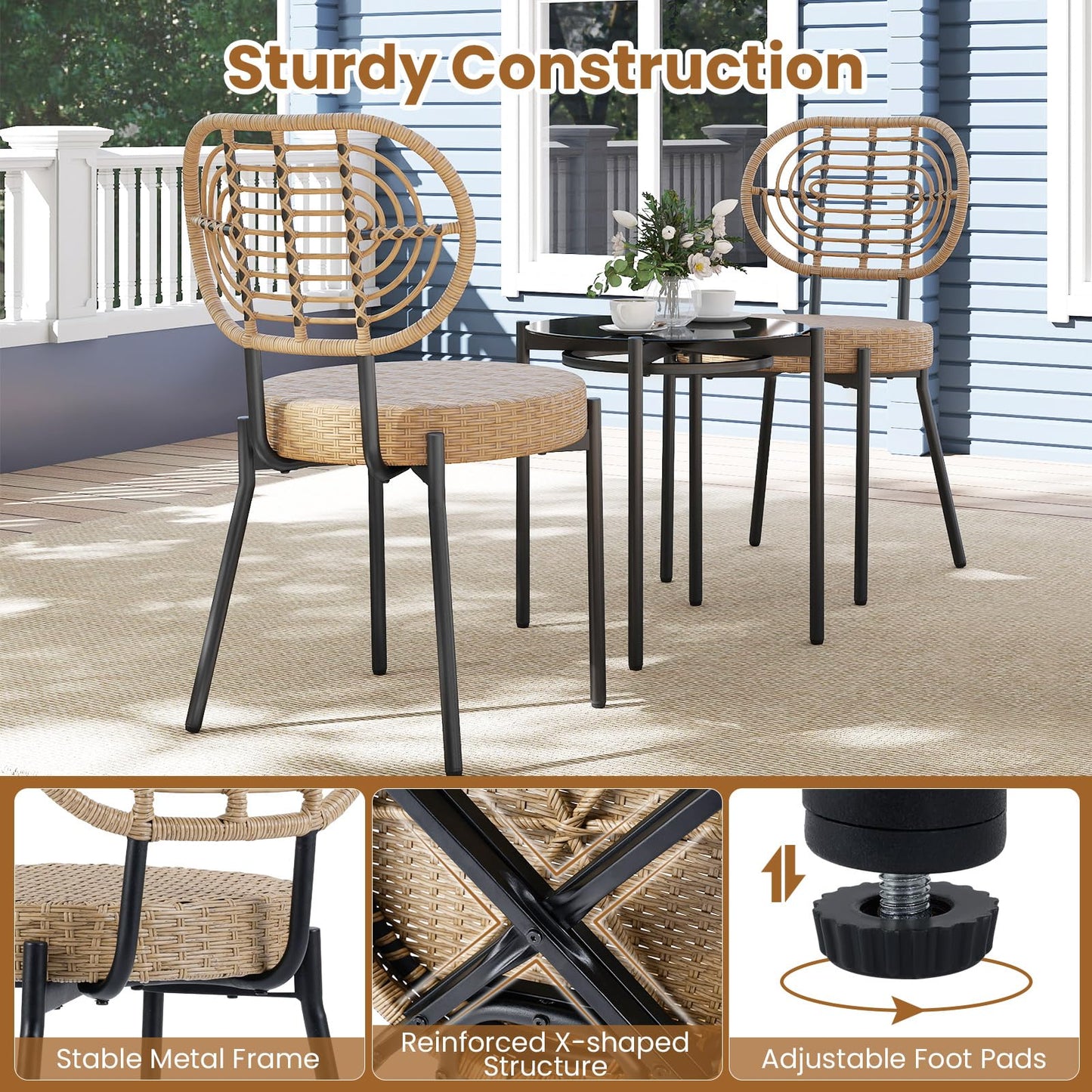 3 Pieces PE Wicker Outdoor Bistro Set Patio Conversation Set with Tempered Glass Coffee Table and Rattan Chairs