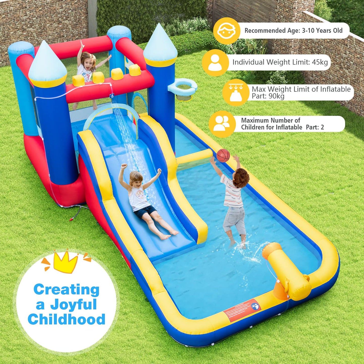 Inflatable Water Park with Basketball Hoop and Splashing Pool