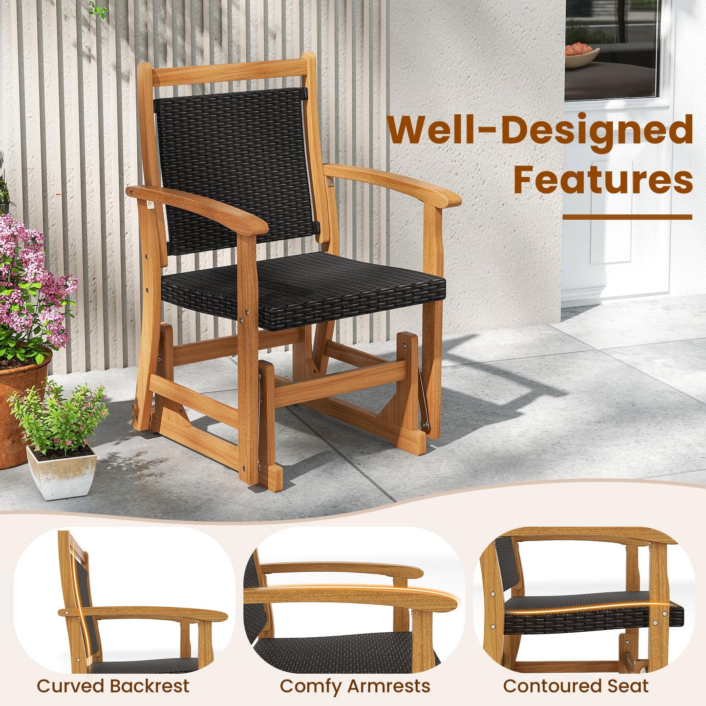 Patio Rattan Glider Chair Swing Gliding Rocker with Acacia Wood Frame