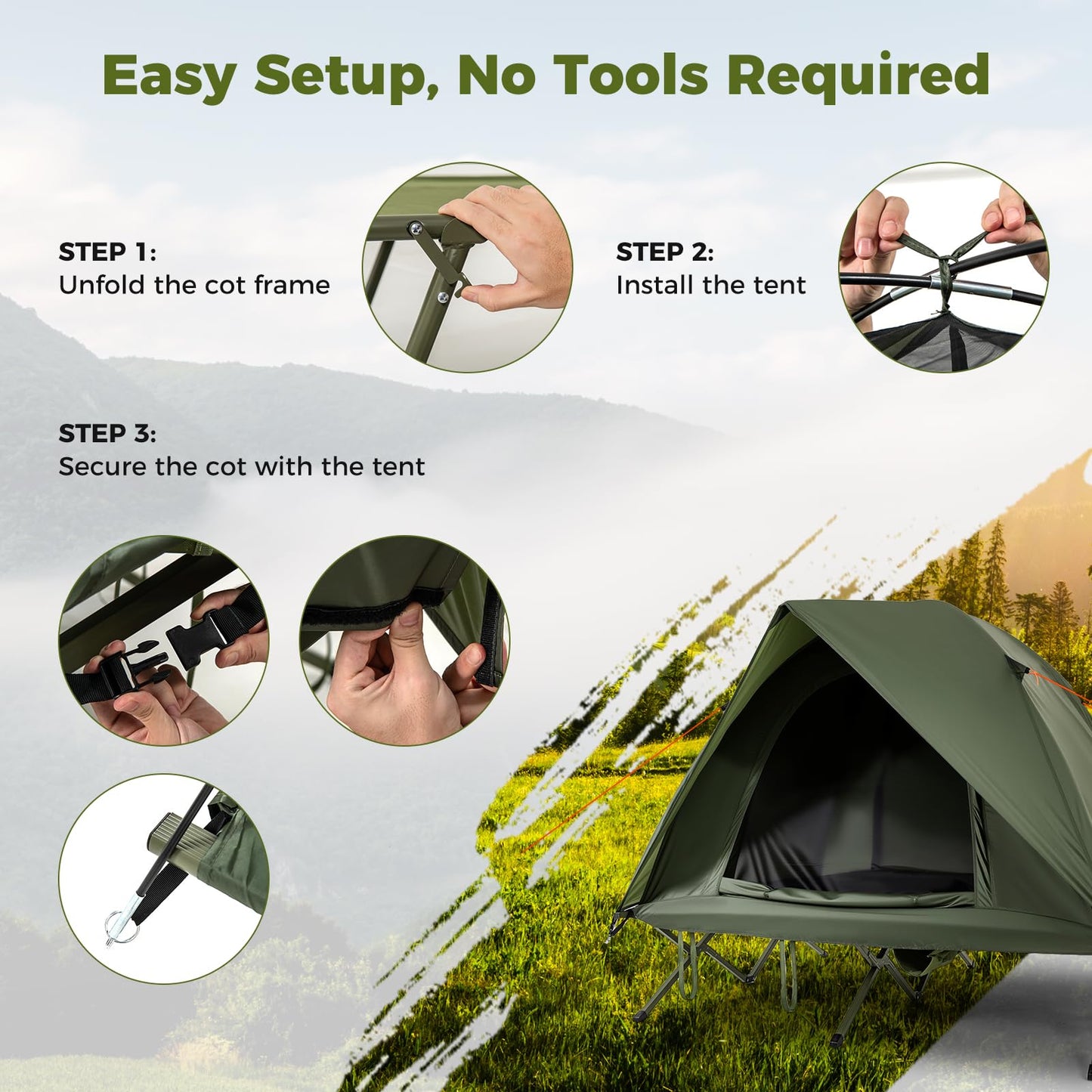 2-Person Camping Cot Tent Foldable Off-Ground Camping Combo for Adults