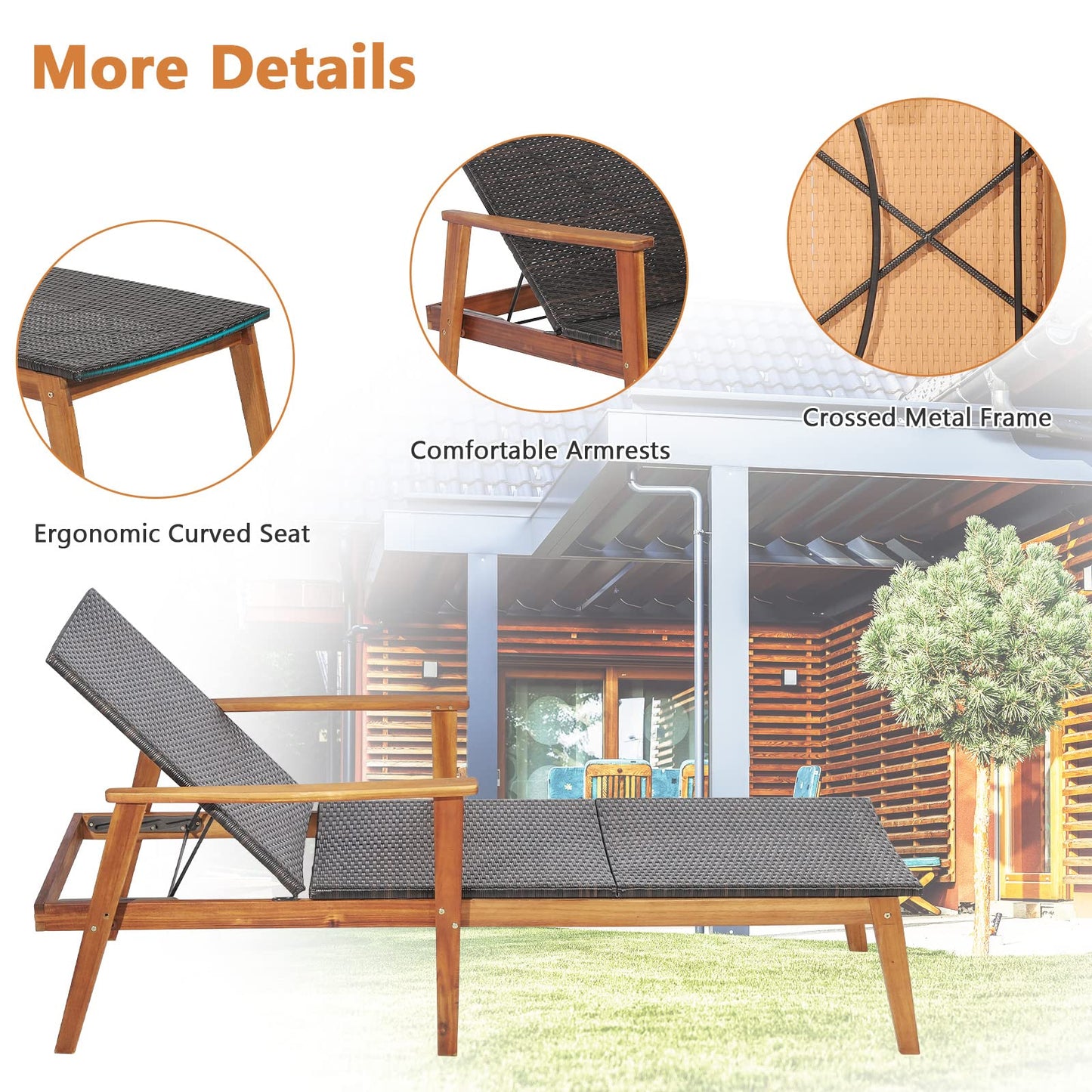 5-Position Adjustable Garden Chaise Lounge Deck Sunbed with Armrests