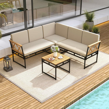 4 Piece Patio L-Shaped Sofa Set Acacia Wood Metal Sectional Sofa Set