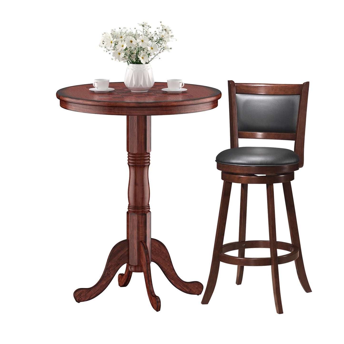 Wooden Pub Pedestal Dining Table with Stable Base and Spacious Tabletop