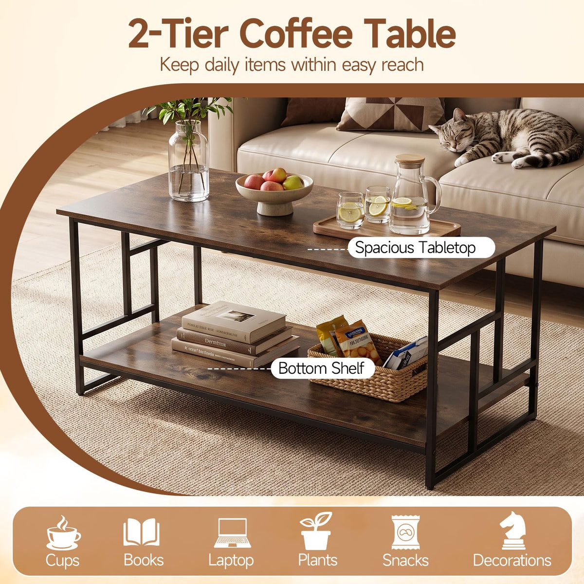 2-Tier Rectangle Coffee Table, Wooden Center Table