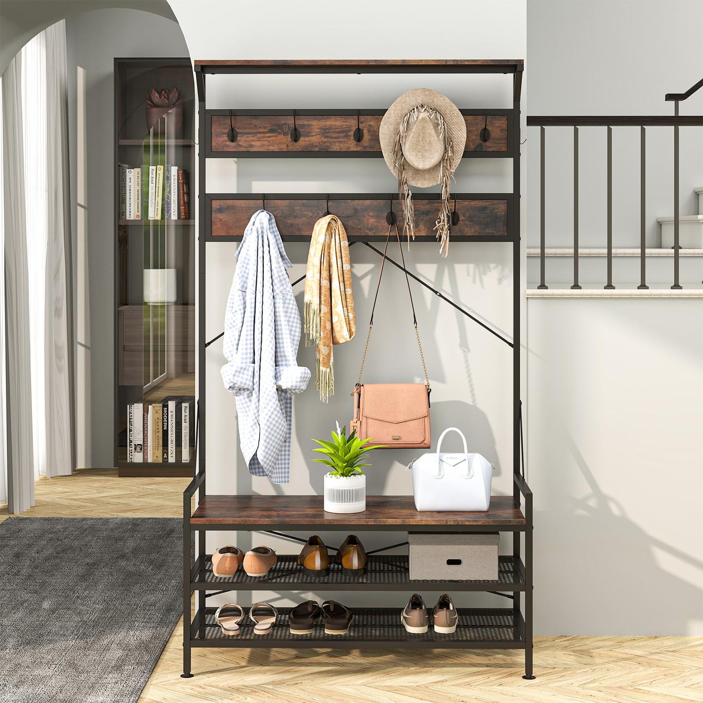 4 In 1 Coat Rack with 11 Hanging Hooks and Shoe Bench for Mudroom