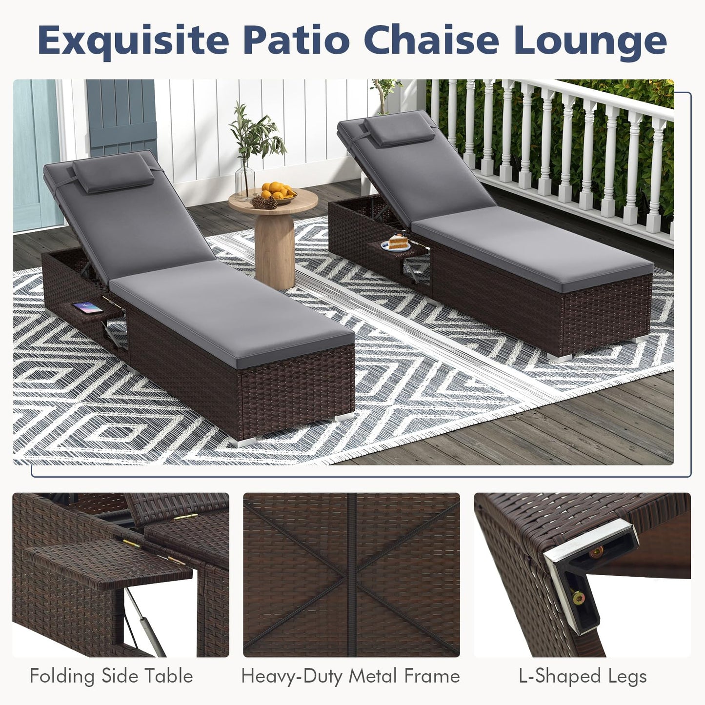 Outdoor PE Rattan Lounge Chair with 6 level Backrest and Comfy Seat Cushion