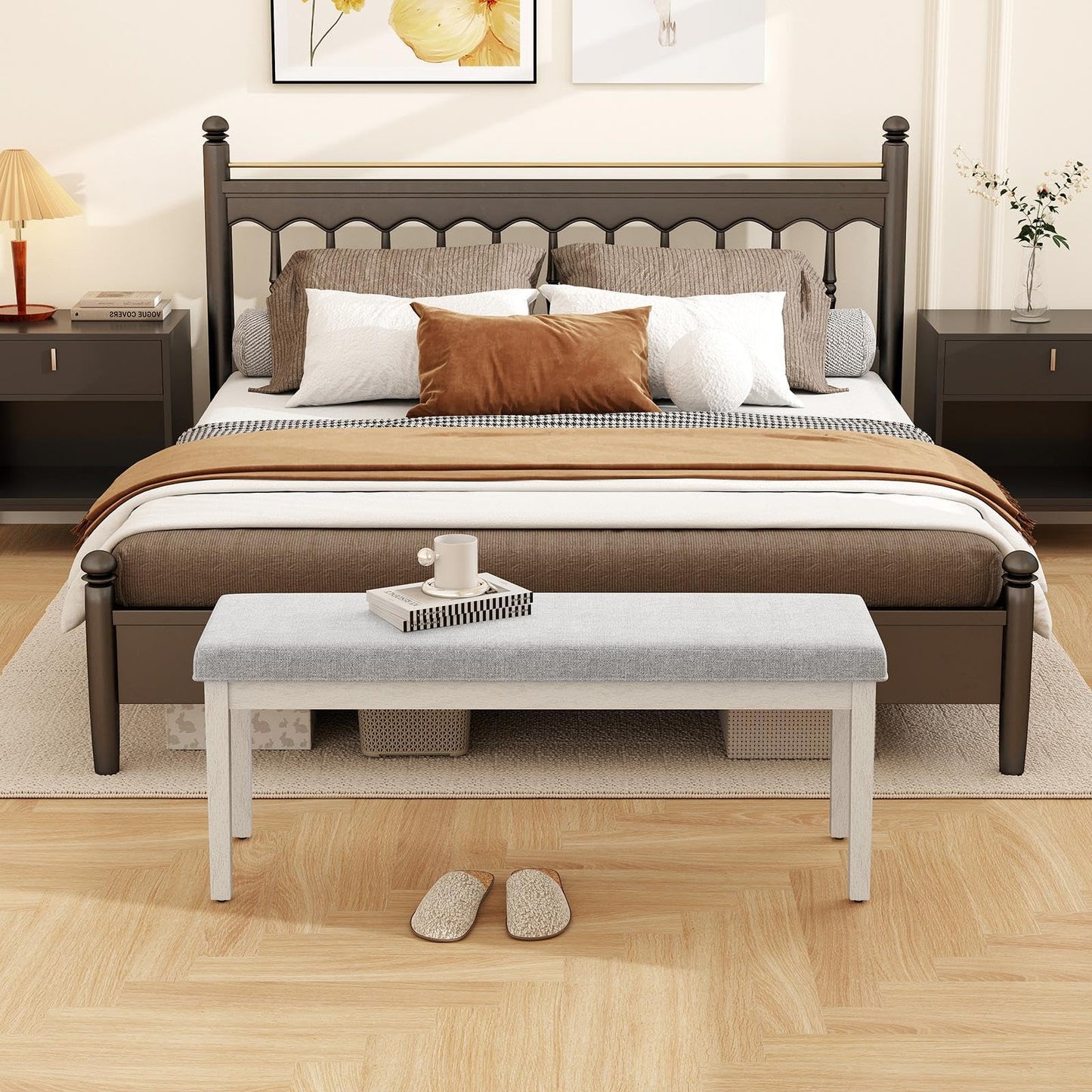 Upholstered Dining Bench Shoe Bench with Rubber Wood Legs and 300 KG Max Load