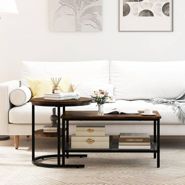 Nesting Coffee Table Set of 2, Faux Marble Cocktail Center and Round End Table with Storage Shelf & Adjustable Foot Pads