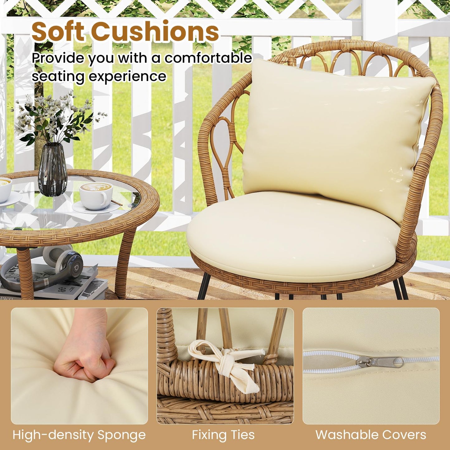 3 Pieces PE Wicker Patio Bistro Set with Cushions for Porch