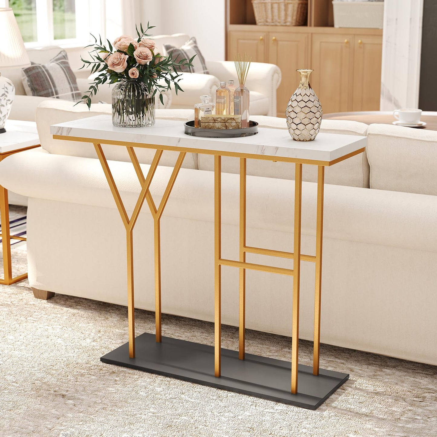 Faux Marble Slim Entryway Table Hall Desk