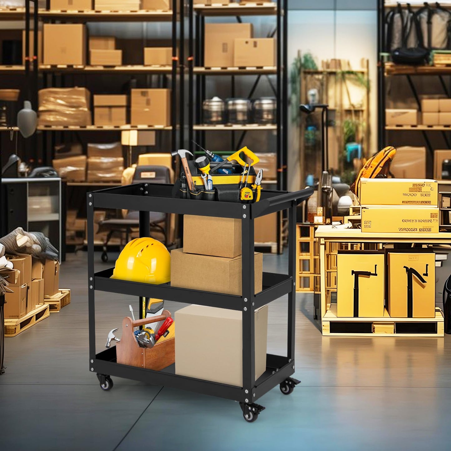 3-Tier Rolling Tool Cart with 4 Universal Wheels with 2 Brakes