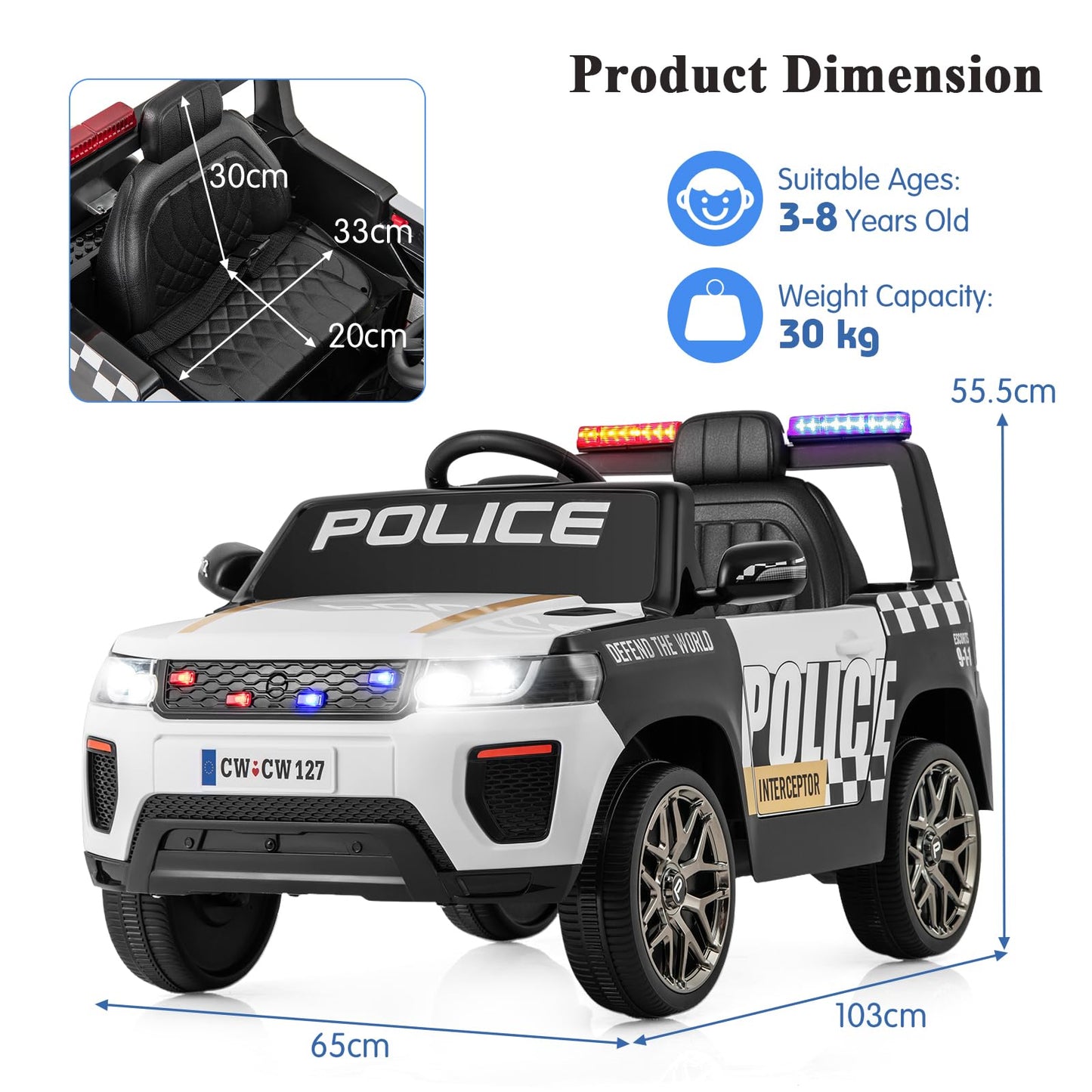 12V Kid Ride on Police Car with Remote Control for Children