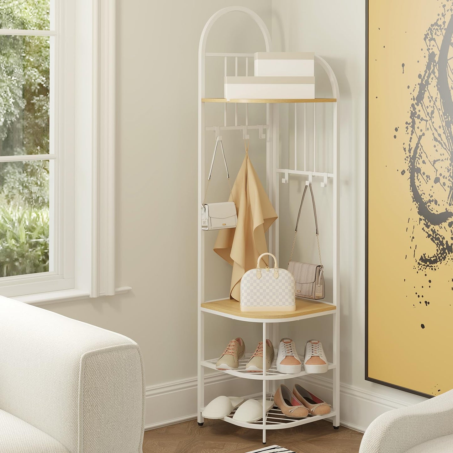 Corner Hall Tree 4 Tier Coat Rack with Storage Bench and Hooks