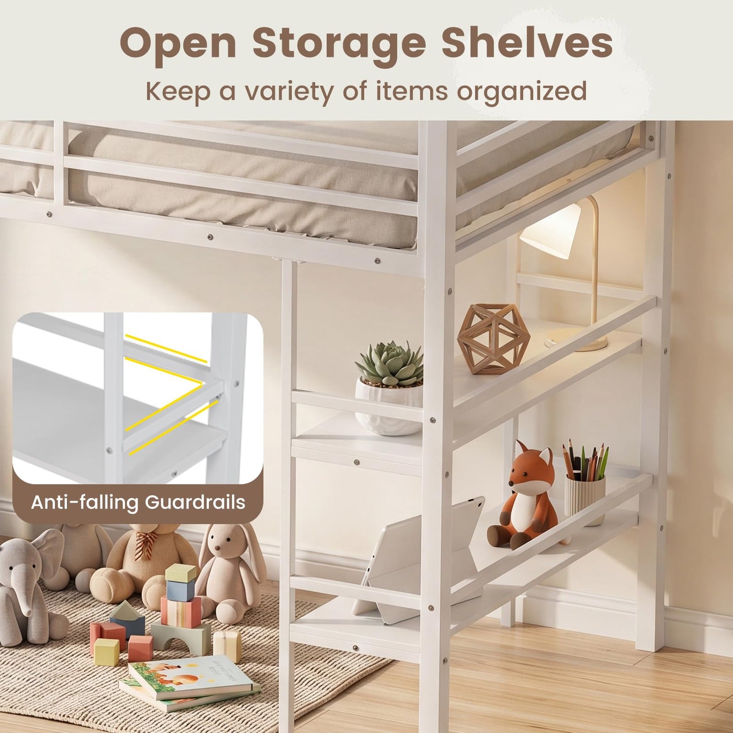 Kids Loft Bed, Metal Single Size Low Loft Bed with Under-Bed Space