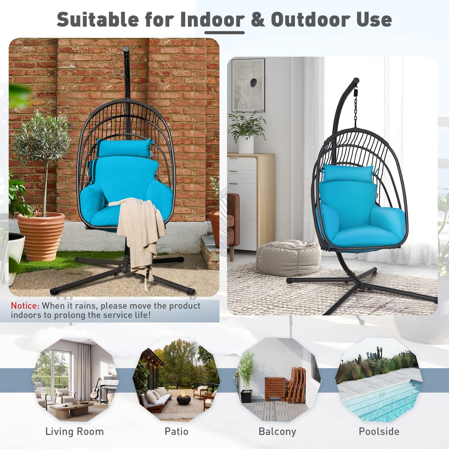 Foldable Rattan Swing Egg Chair with Stand & Soft Cushion