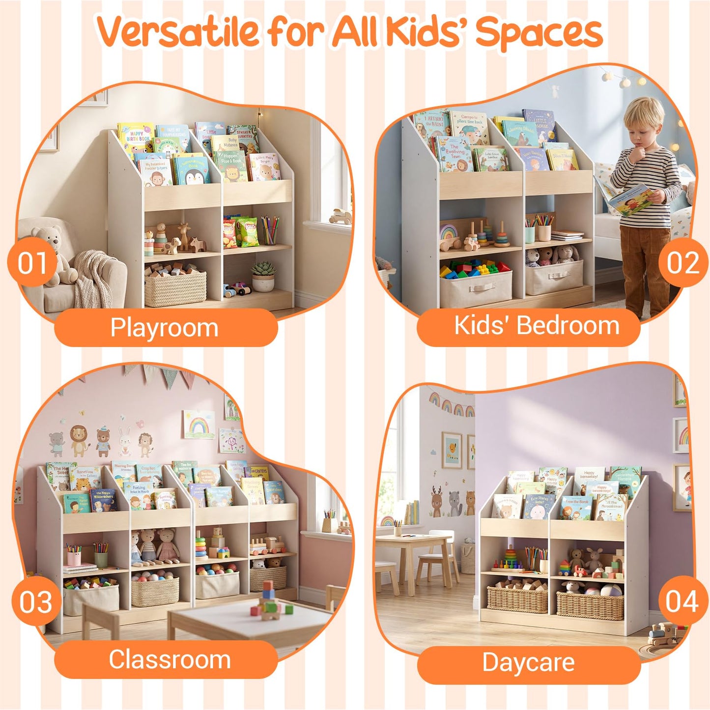Kids Bookshelf Toddler Book Stand with 4 Upright Cubes and 4 Storage Compartments