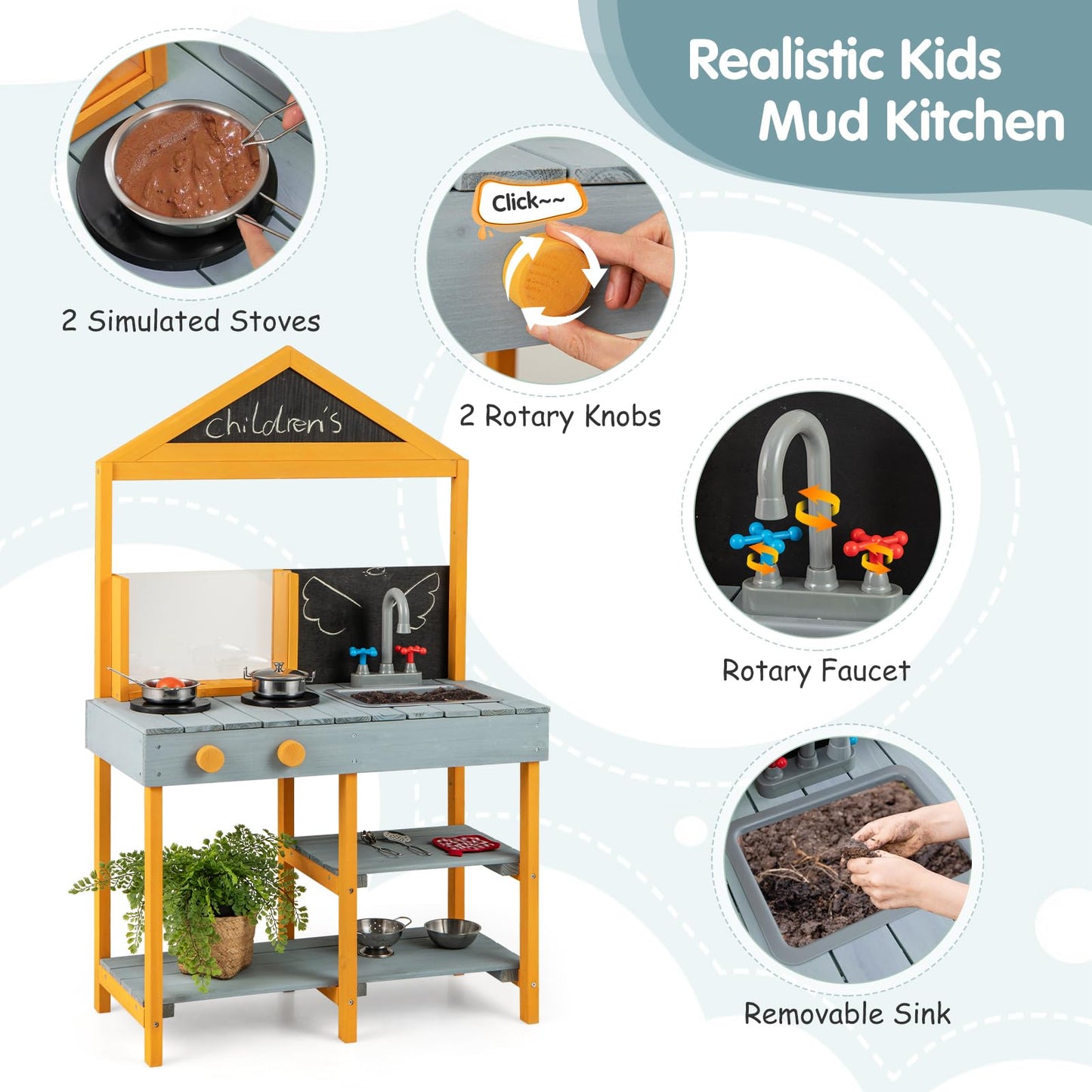 Kids Mud Kitchen Outdoor Kitchen Playset with Educational Plant Viewer