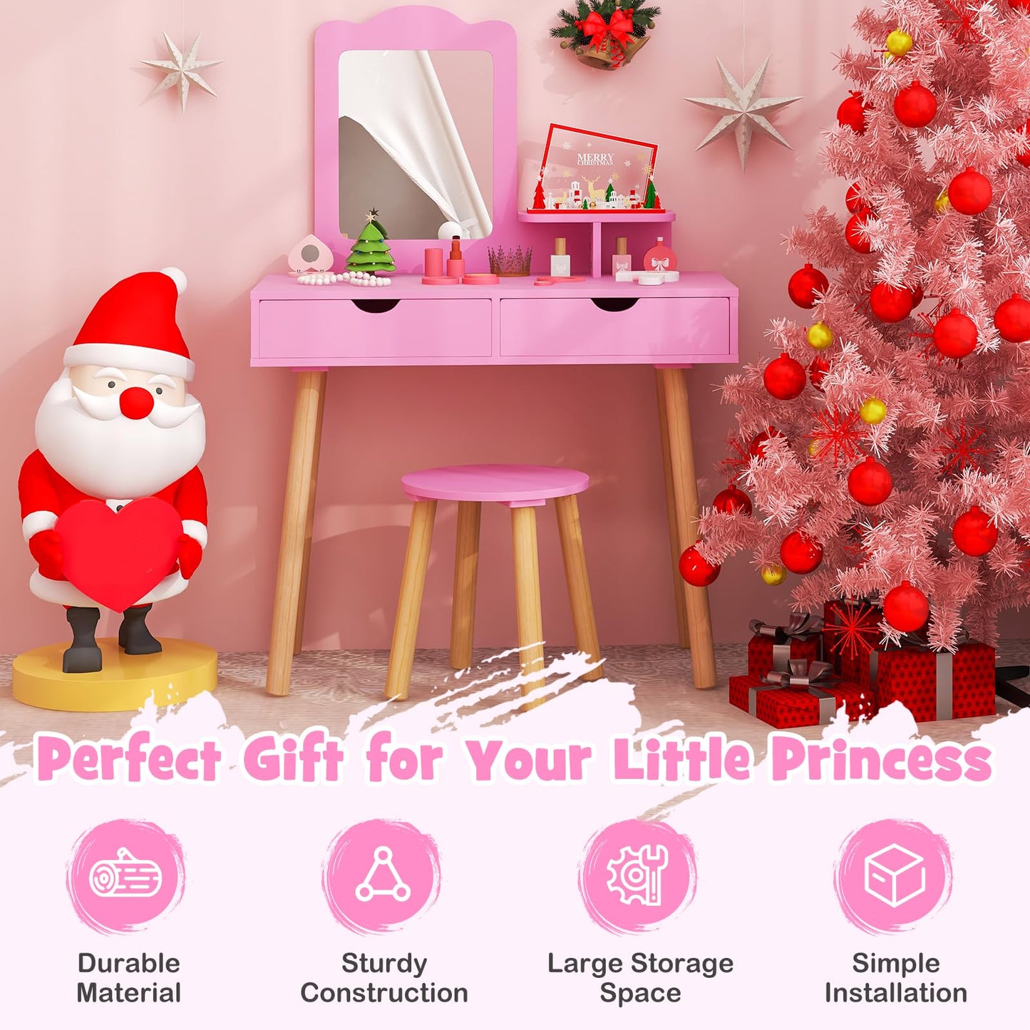 Kids Vanity Table and Stool Set with Square Mirror and Storage Shelf