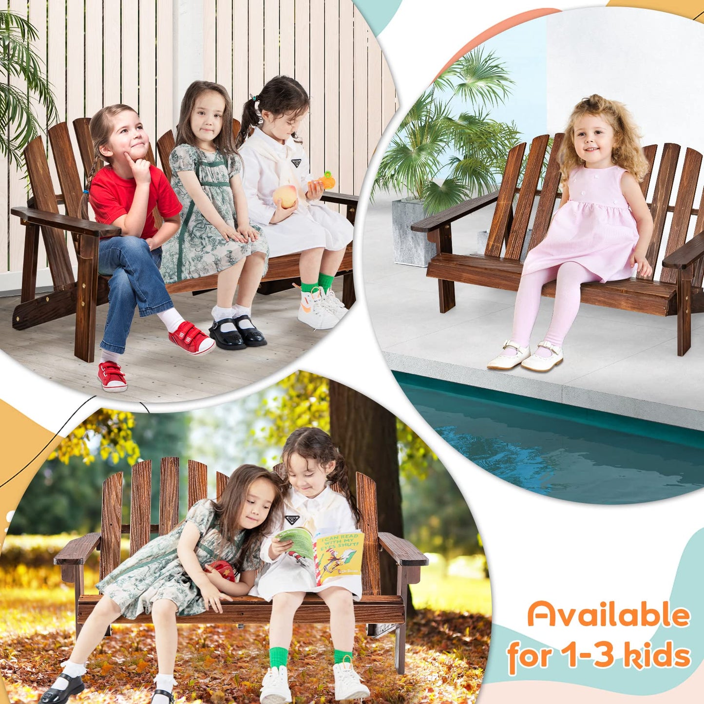 Kids 2-Seat Fir Wood Adirondack Chair with High Backrest