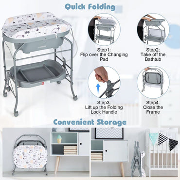 4 in 1 Baby Changing Table Folding Infant Nursery Station with Bath Tub