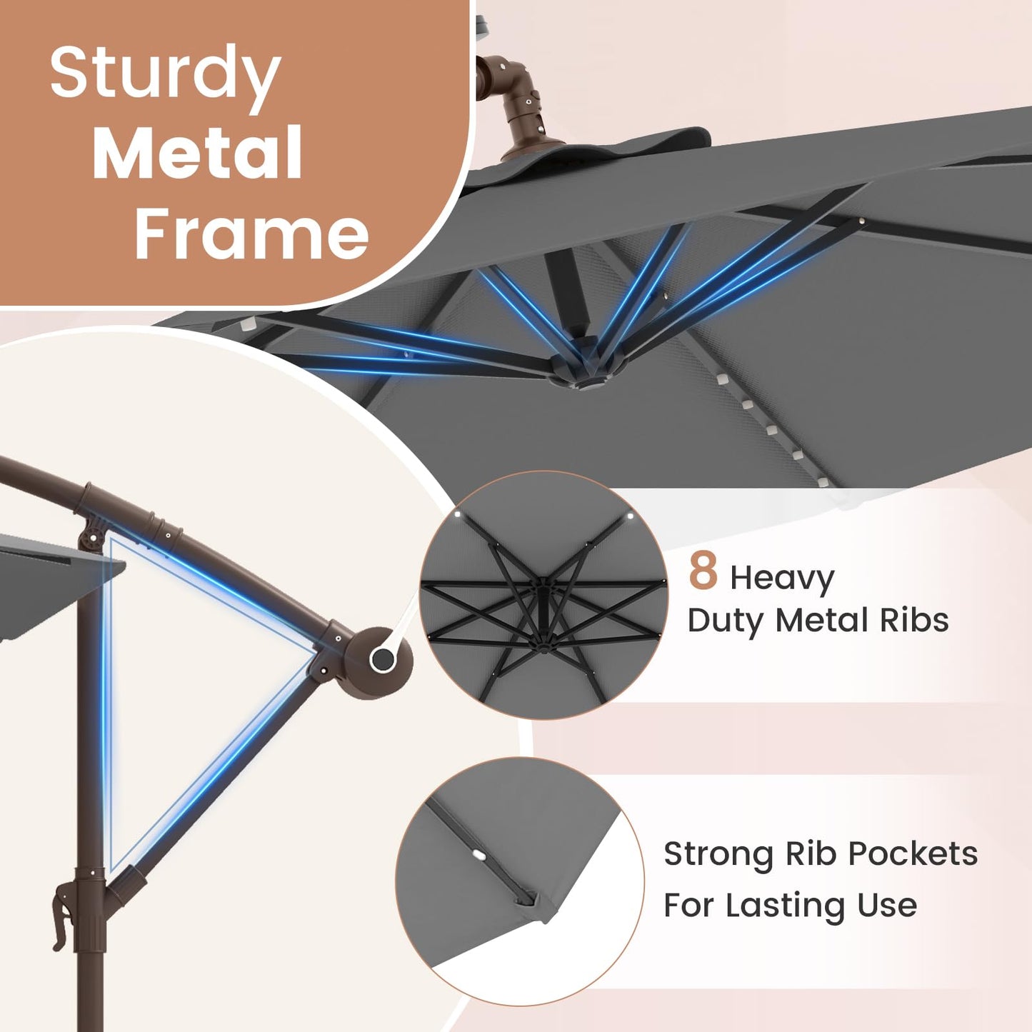 3M Cantilever Garden Parasol with 40 LED Lights & Solar Panel Batteries