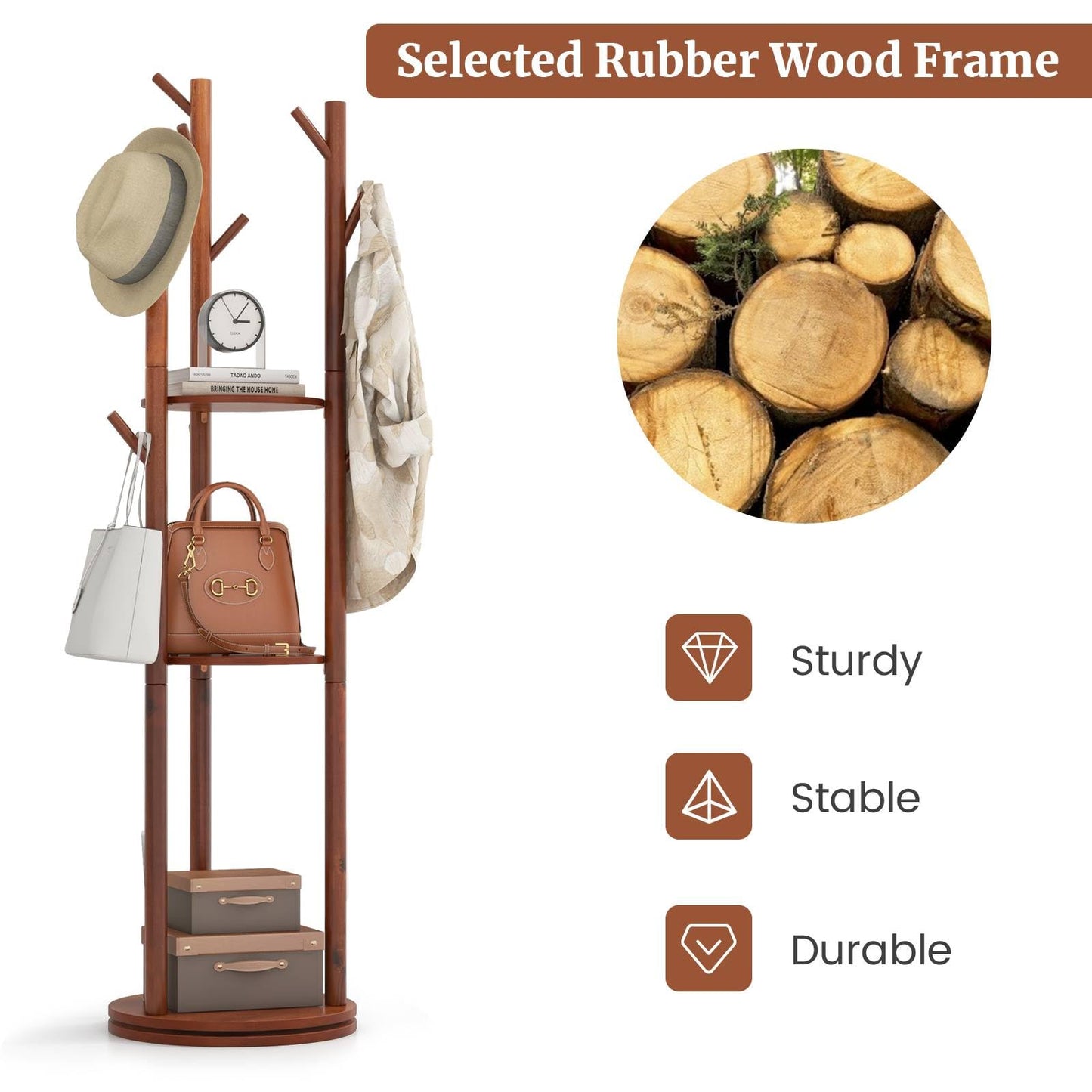 Freestanding Wooden Coat Rack Stand with 3 Display Storage Shelves and 9 Hooks