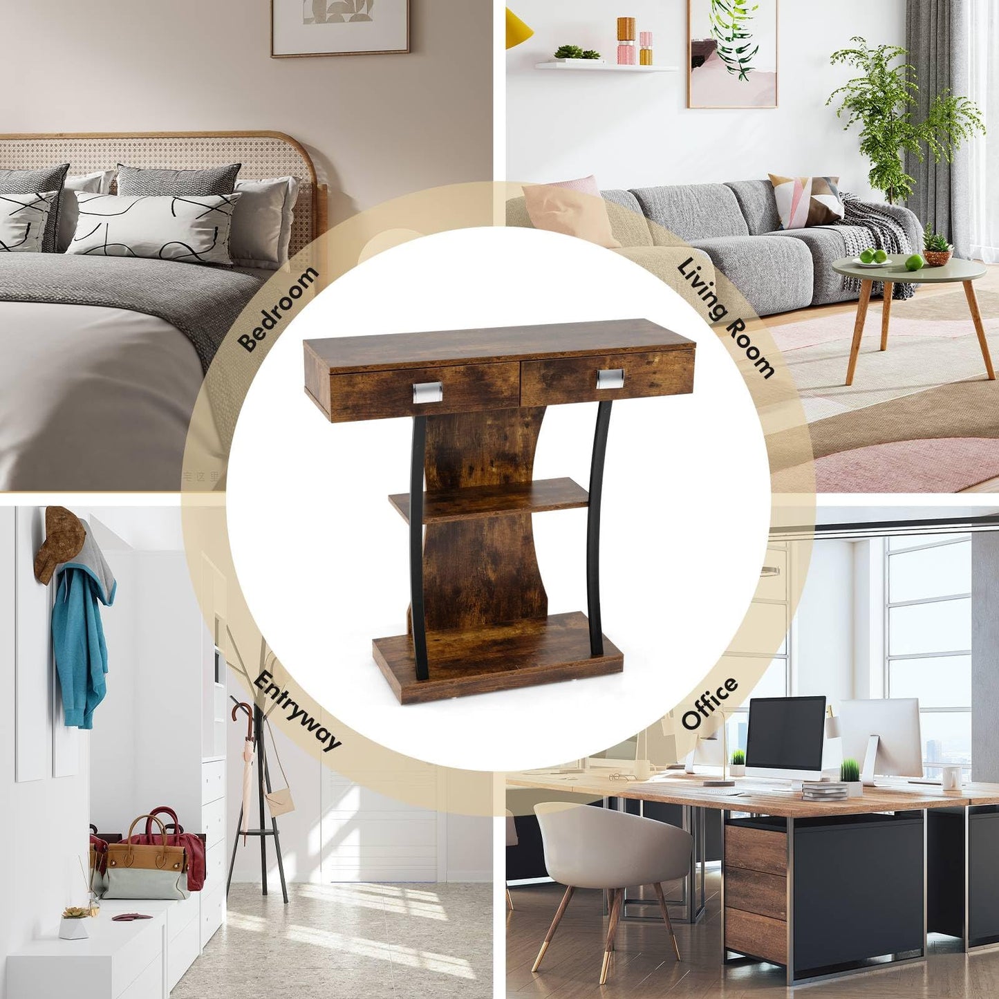 T-Shaped Foyer Console Table for Small Space with Dual Drawers
