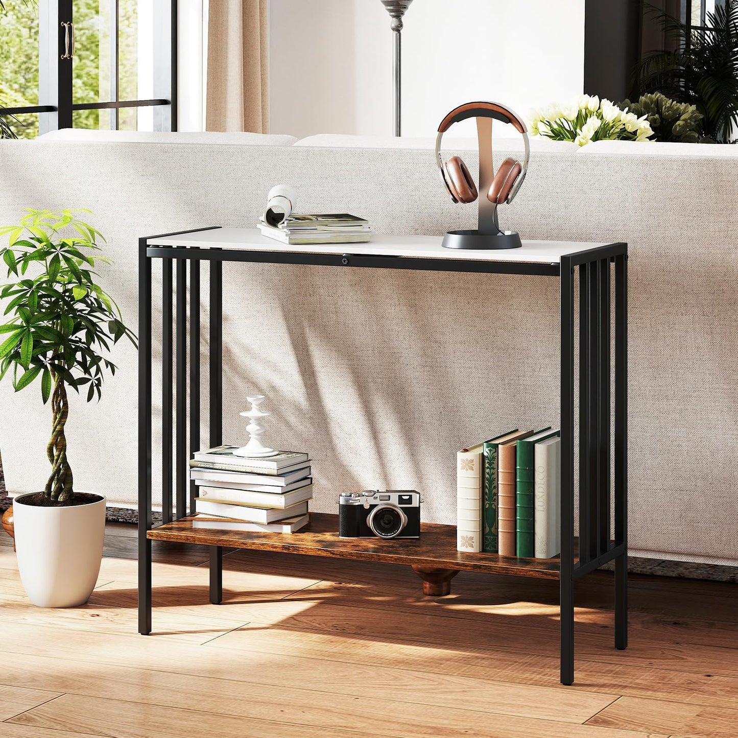 90 CM 2 Tier Industrial Console Foyer Table with Sintered Stone Tabletop