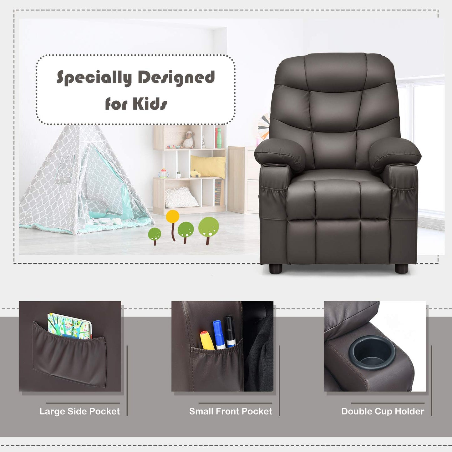PU Leather Upholstered Children Armchair Sofa with Footrest