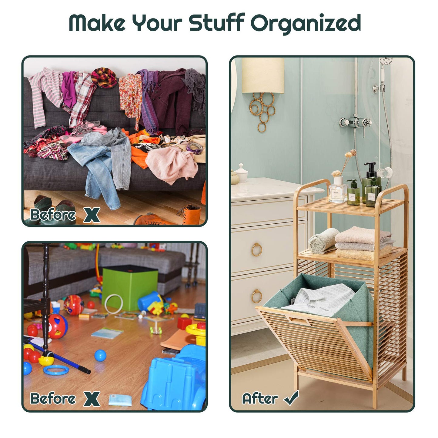 Bamboo Laundry Bin with Storage and Removable Basket