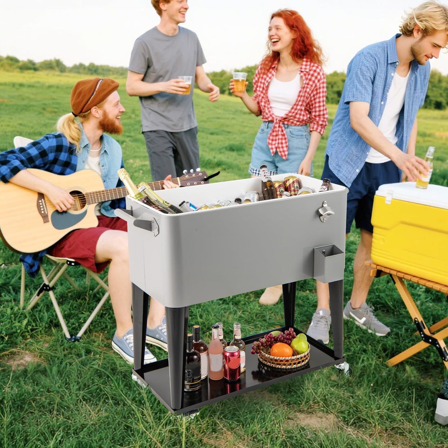 75 L Portable Patio Rolling Ice Chest with Bottom Storage Shelf