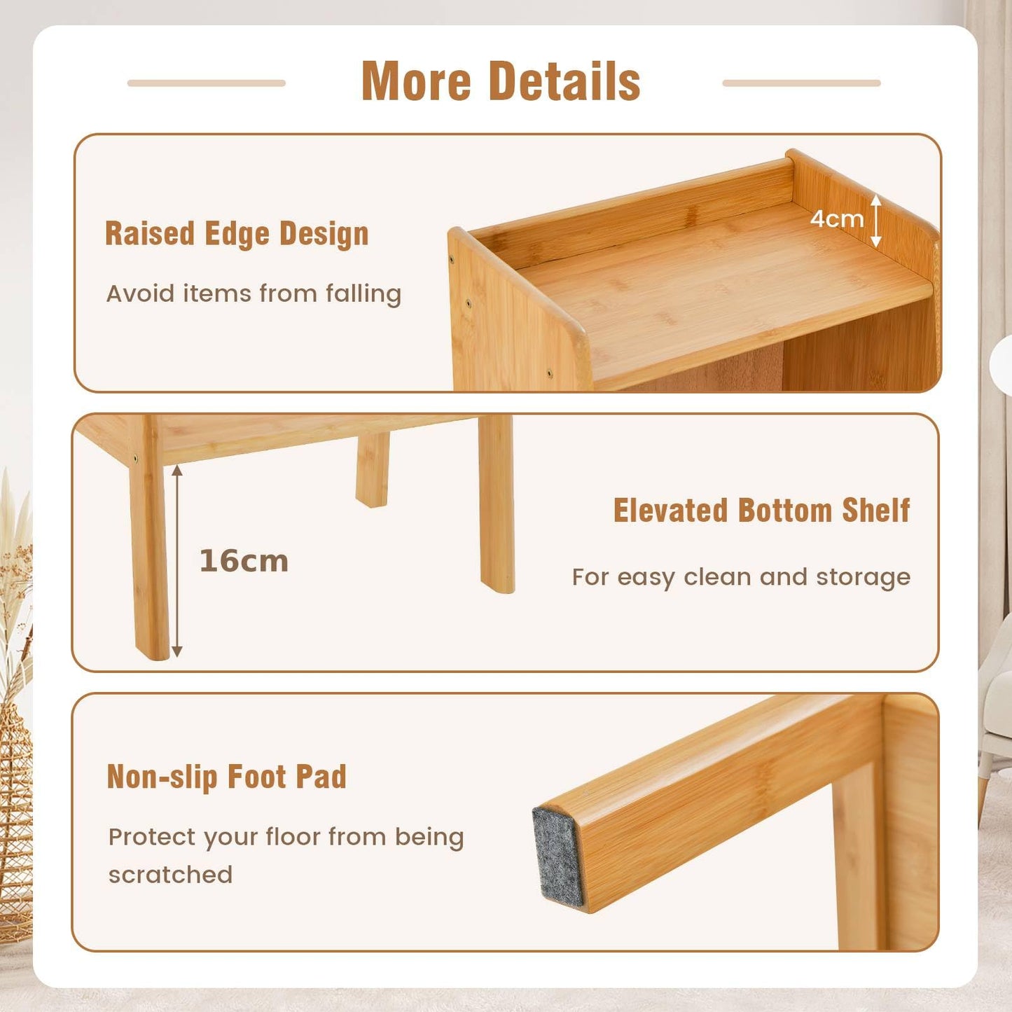 3 Tier Free Standing Tall Bamboo Bookshelf with Legs