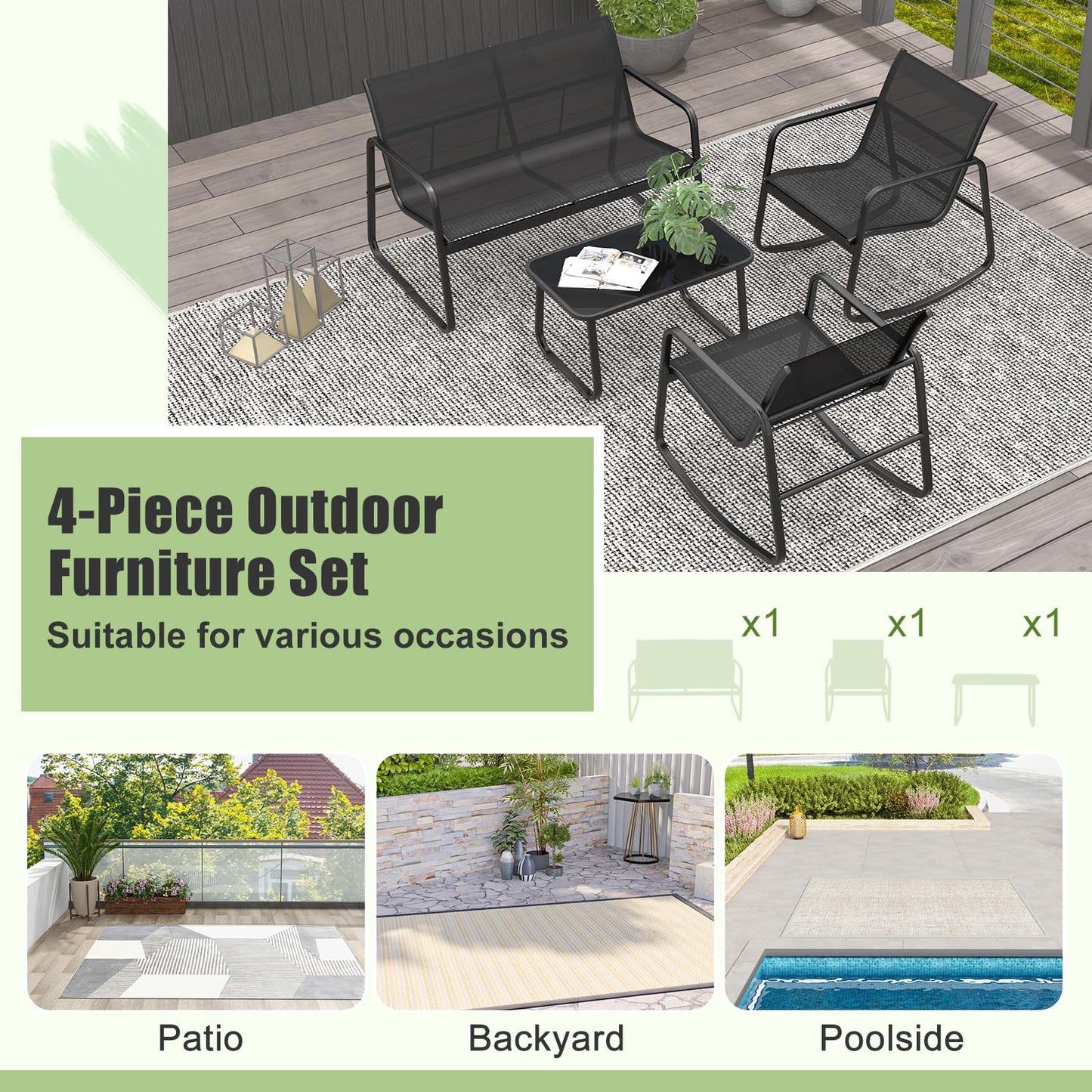 Metal Frame Outdoor Conversation Set with Loveseat and Glass Coffee Table