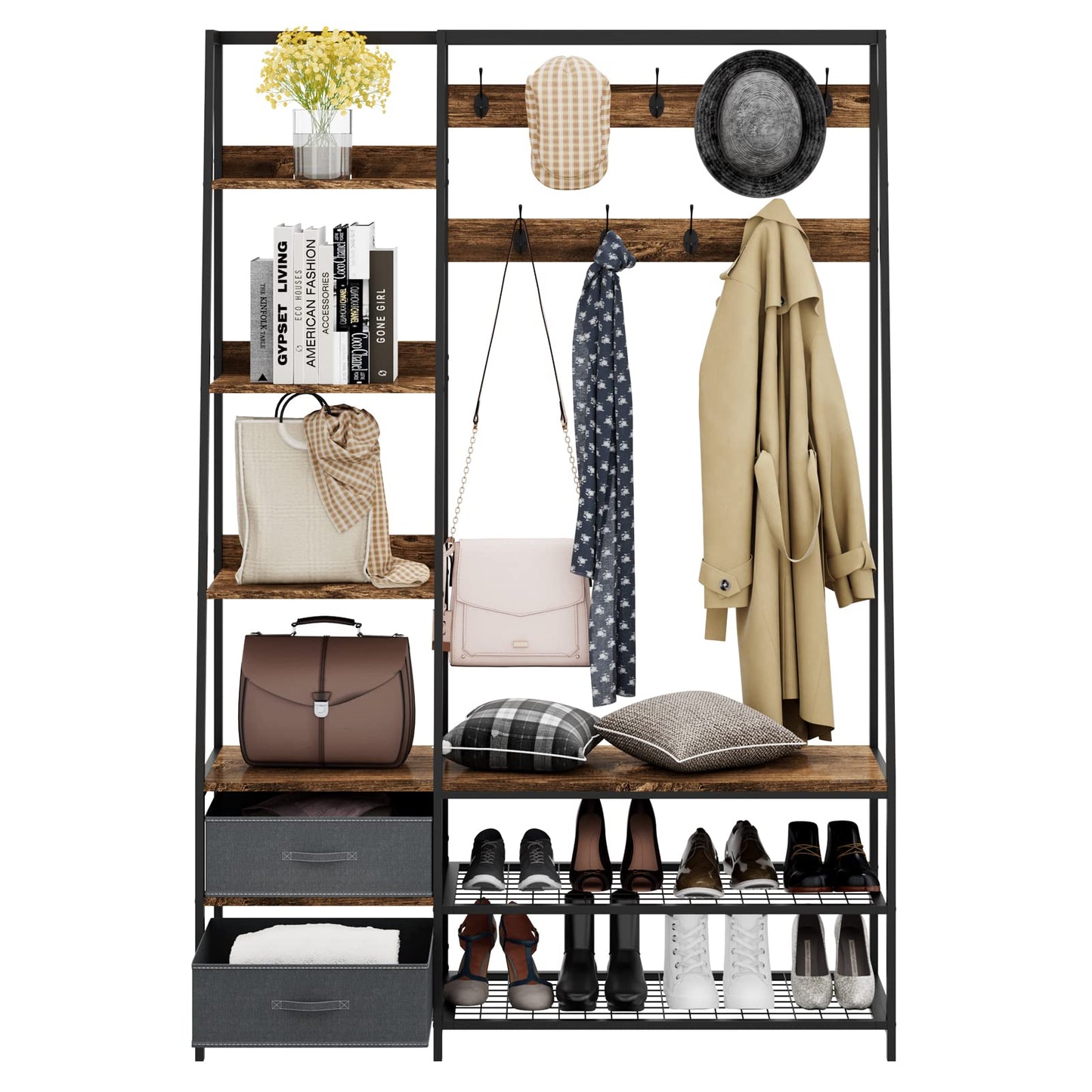 6-in-1 Freestanding Garment Coat Rack with 9 Hooks and 6 Storage Shelves