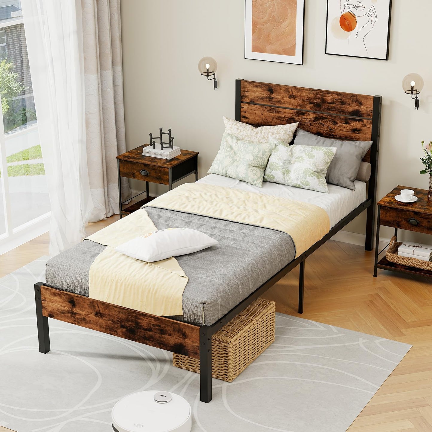 3FT Industrial Metal Platform Bed Frame with Wood Headboard & Underbed Storage
