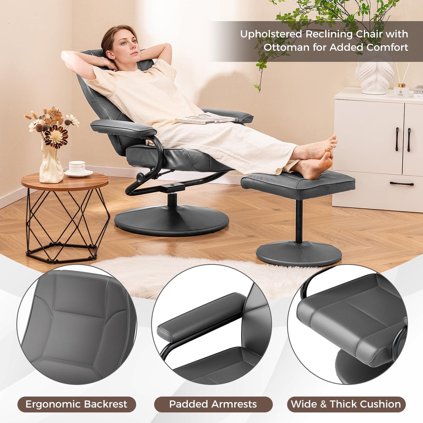 360° Swivel Reclining Chair with Ottoman and Adjustable Backrest