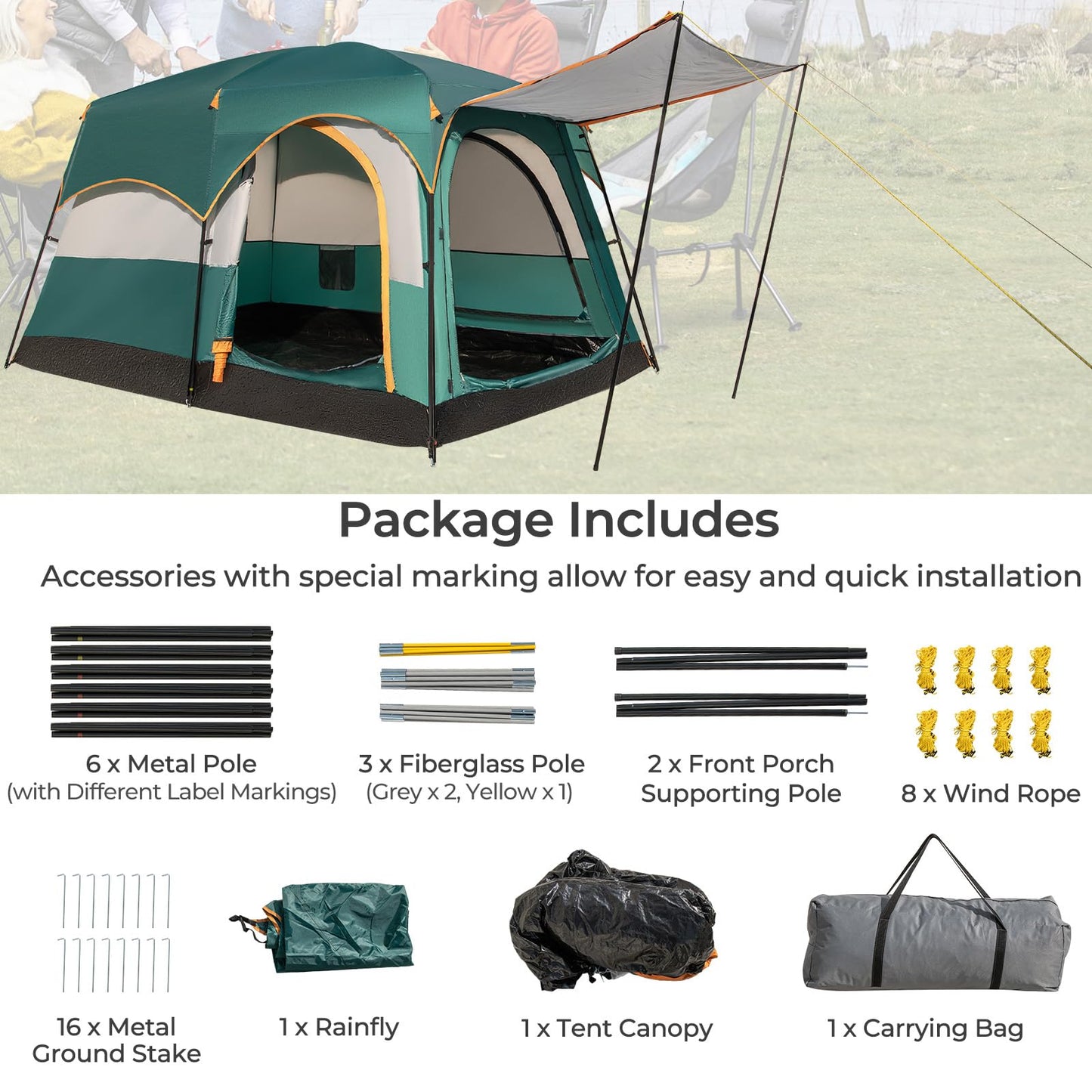 6-Person Camping Tent with 2-Room Divider for Camping Hiking color