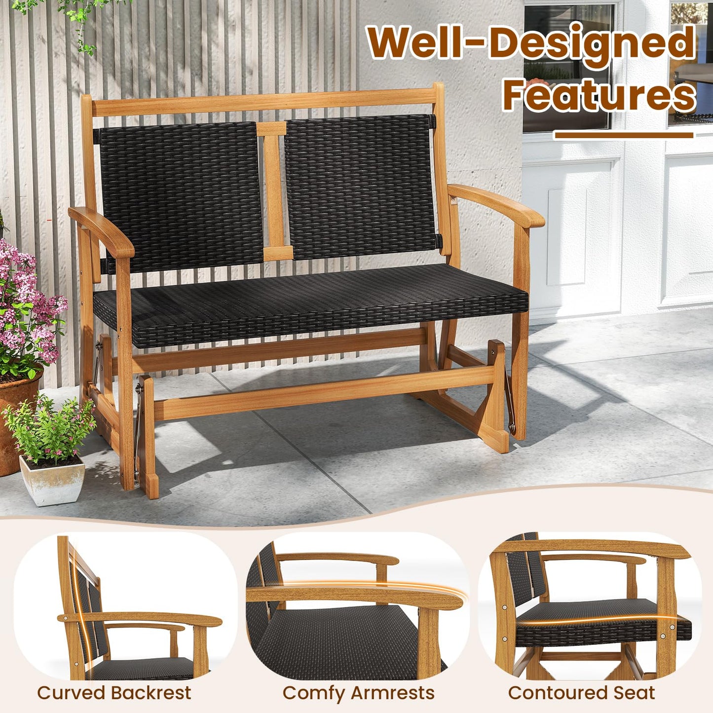 Patio Rattan Glider Bench Swing Gliding Rocker for 2