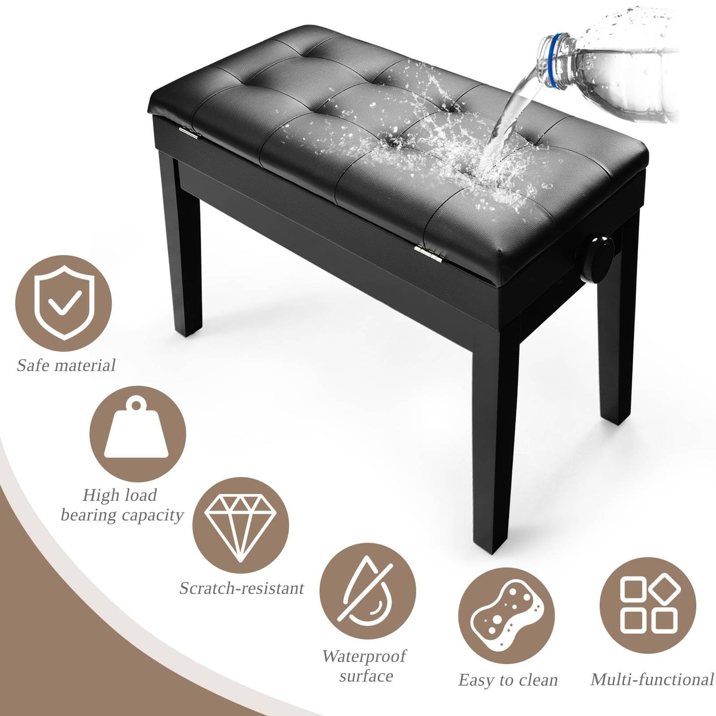 Height Adjustable Keyboard Duet Seat with Padded Cushion