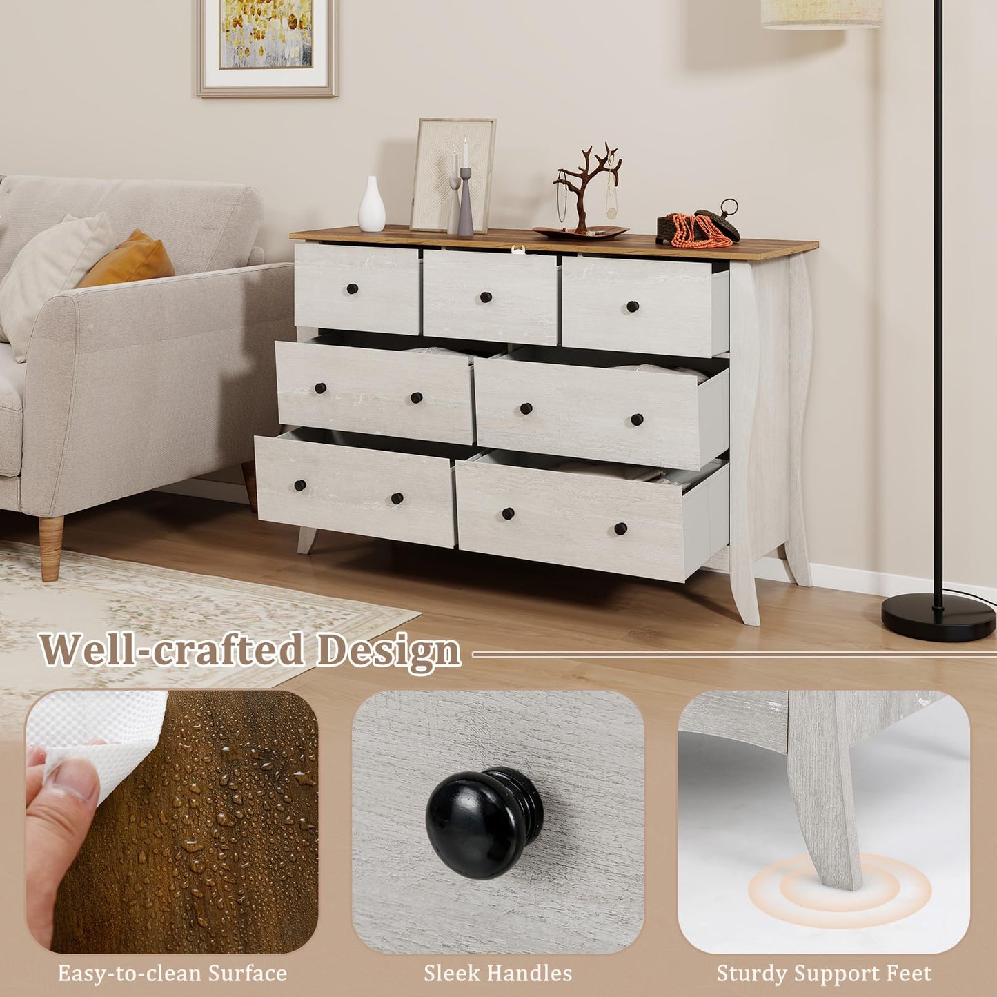 Farmhouse Dresser for Bedroom with 3 Folding Fabric Drawers