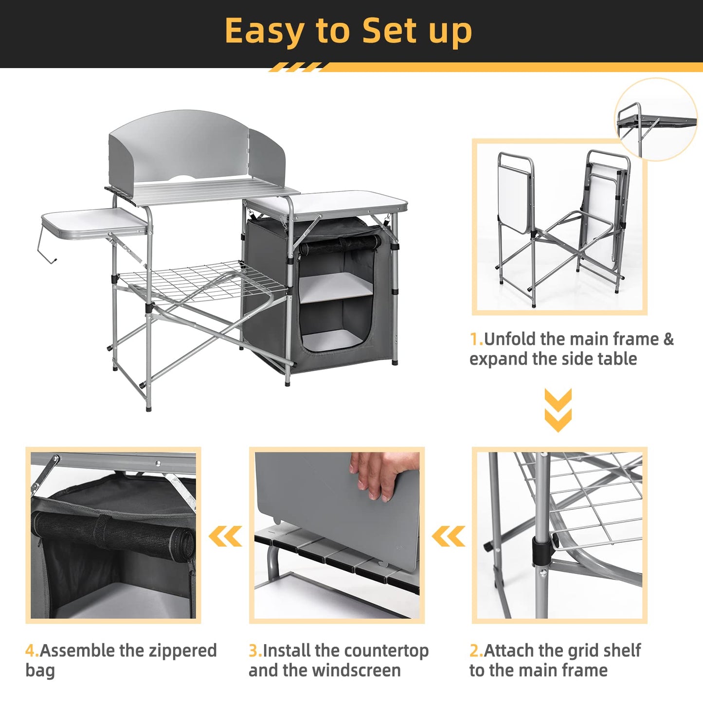 Outdoor Camping Table with Storage and Windscreen for BBQ