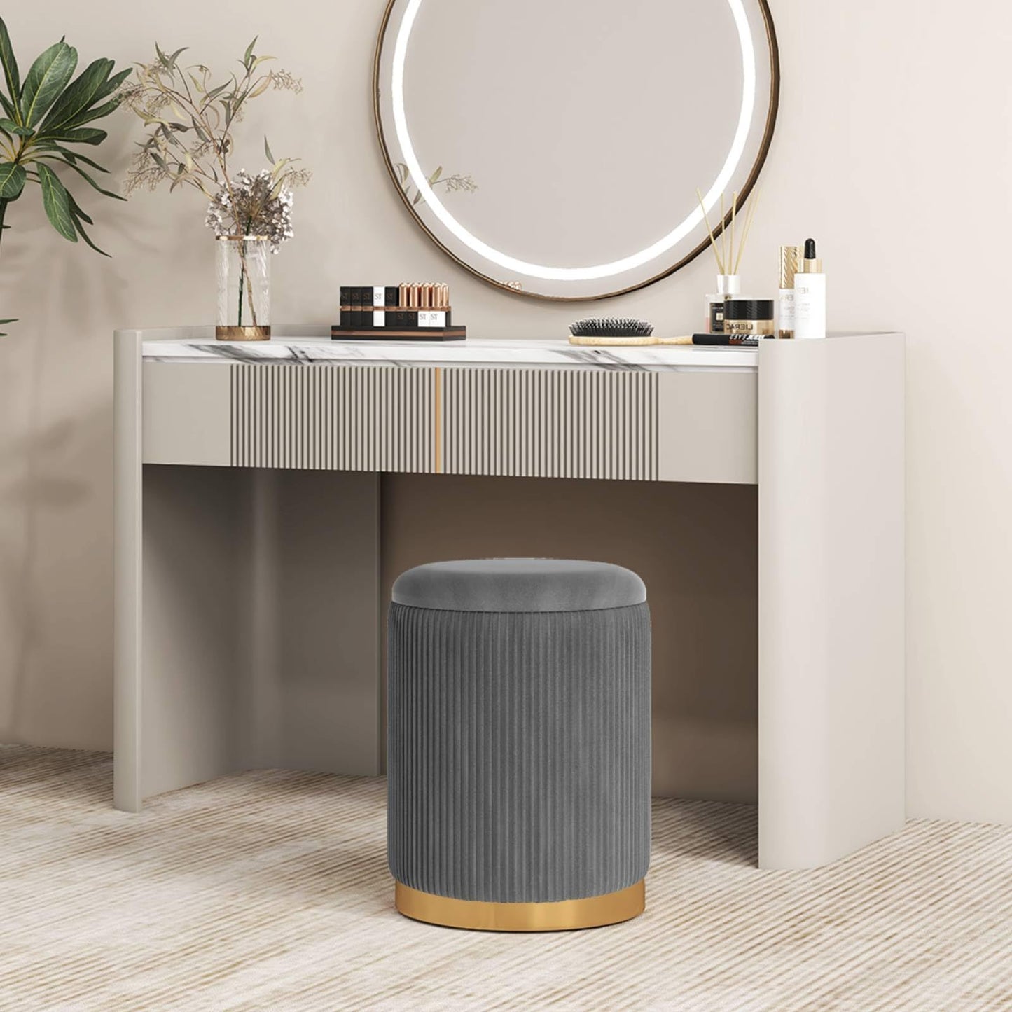 Velvet Storage Ottoman Set of 2 with Gold Stainless Steel Hoop