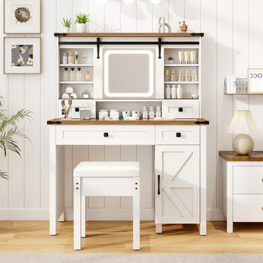 Makeup Vanity Desk and Stool Set with Sliding Mirror and Cabinet