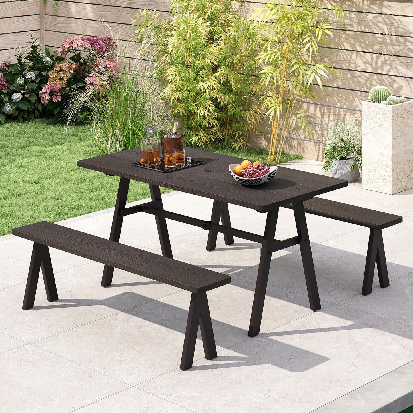 3 Pieces Outdoor Picnic Table and Benches Set for 6 People with 49MM Umbrella Hole