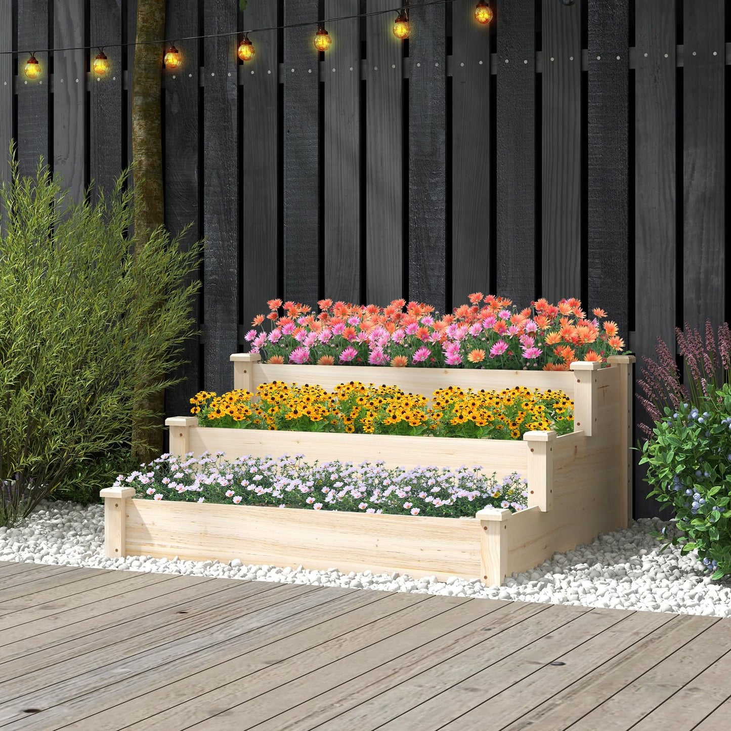 3-tier Fir Wood Raised Garden Bed with Open-ended Base