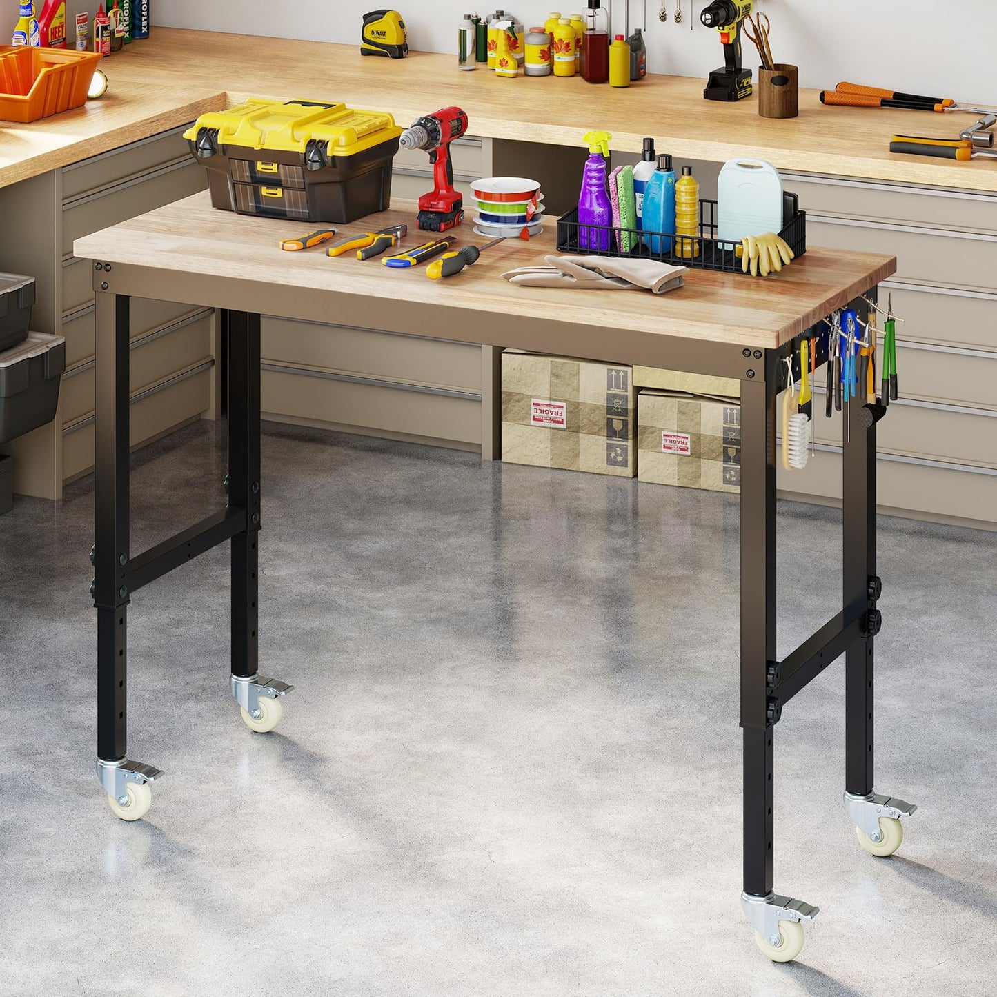 Adjustable Workbench with Wheels and Heavy-Duty Metal Frame