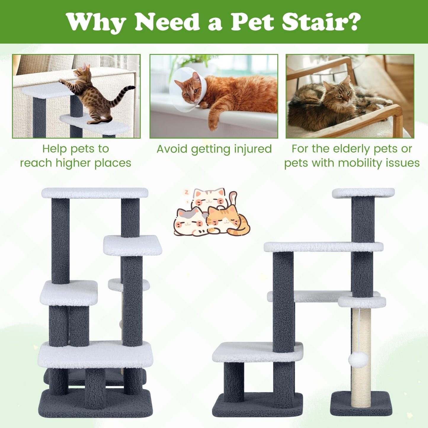 Cat Stairs, 2-in-1 Cat Tree Tower Pet Steps with Sisal Scratching Posts